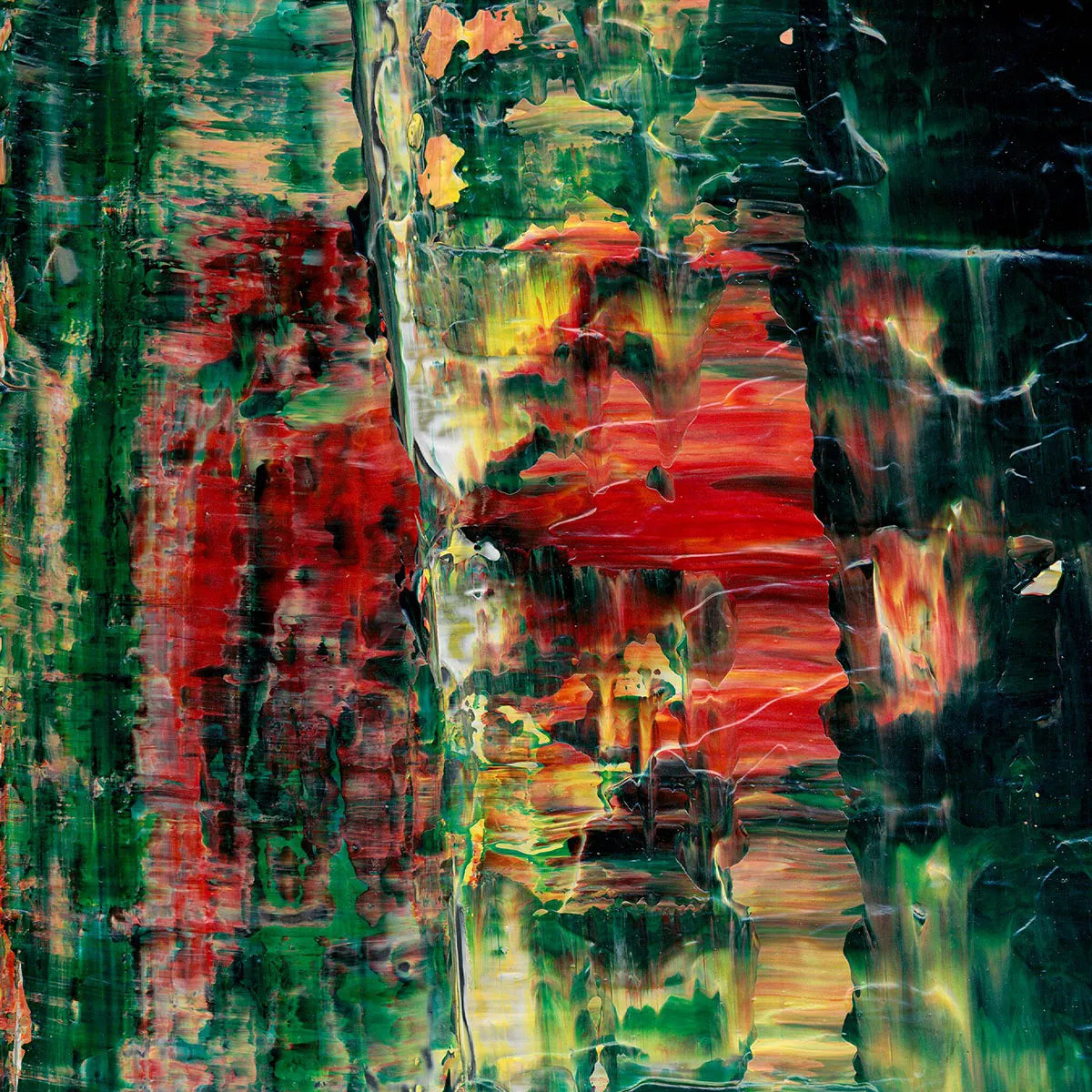 Verdant Echoes -Red Unicorn Art - Original abstract impressionist painting with vibrant, bold colors and rich, thick textures. One-of-a-kind, hand-painted art crafted with love for over 15 years."